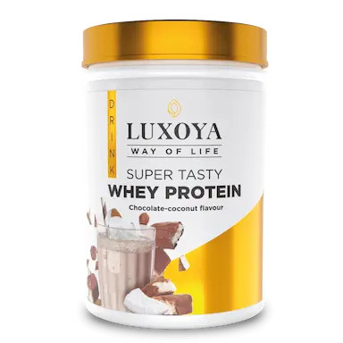 SUPER TASTY WHEY PROTEIN - PRÉMIUM FEHÉRJE ITALPOR 450 g PET - Csokoládé-kókusz ízű - VALÓDI CSOKIDARABOKKAL ÉS KÓKUSZRESZELÉKKE